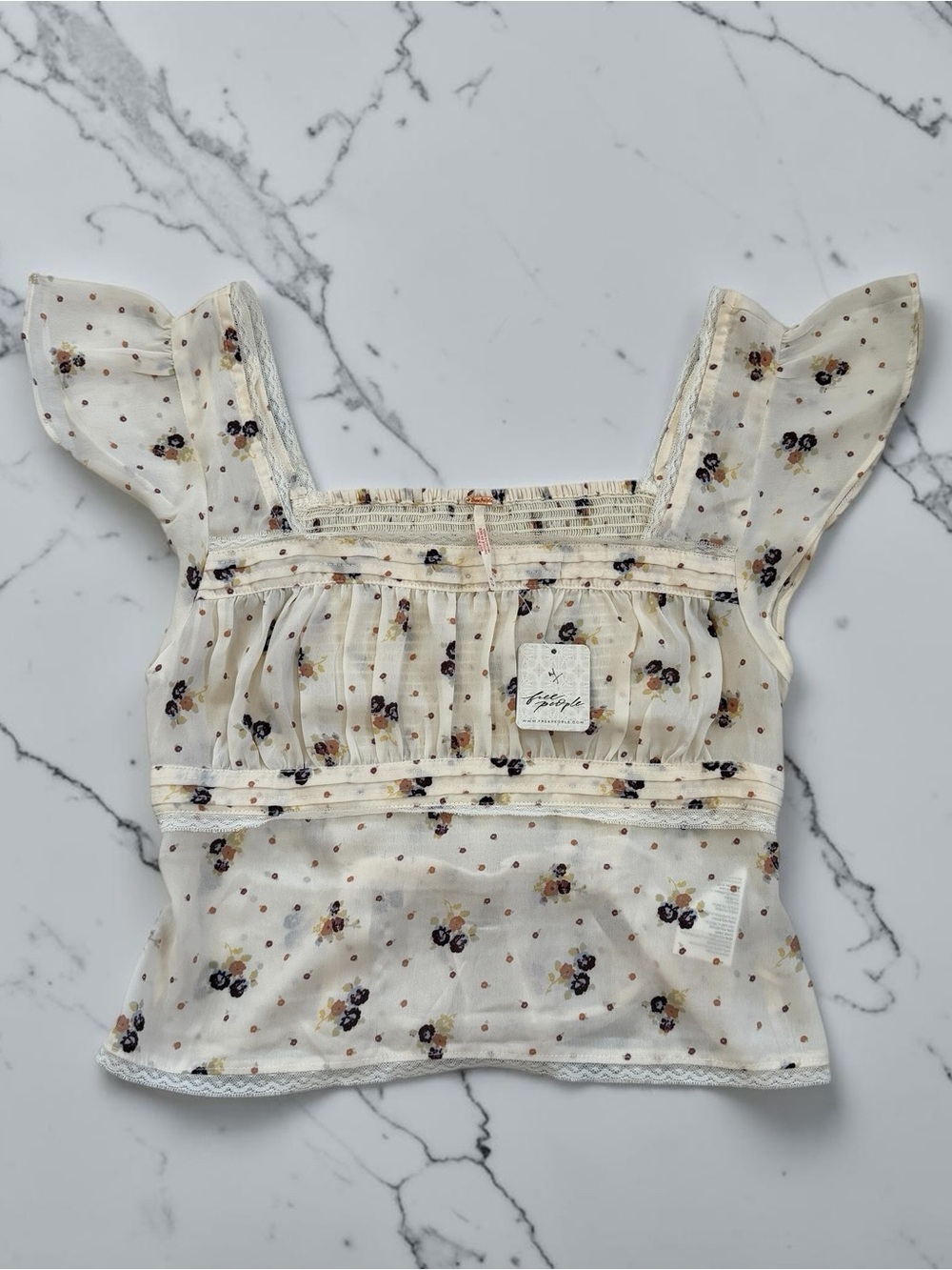 NWT - Free People Light Cream Floral Ruffle Sleeve Top